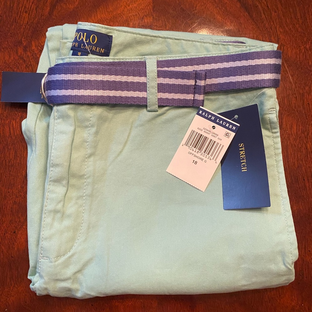 Polo NWT boys size 18 stretch pants with belt mint green seafoam